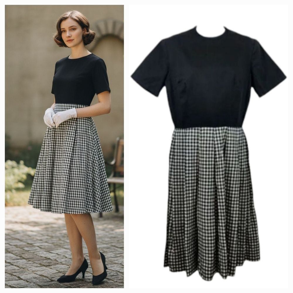 Vintage 50's 60's Handmade Gingham Fit and Flare in Black/White Dress Size Med